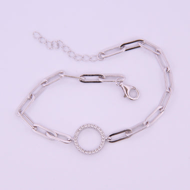 Sterling Silver Link Style Bracelet with Cubic Zirconia Circle