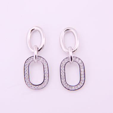 Sterling Silver Double Loop Drop Earrings with Bead Set Cubic Zirconia