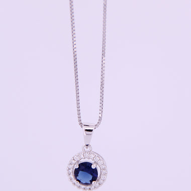 Oval Sterling Silver Blue Sapphire and Cubic Zirconia Halo Necklace
