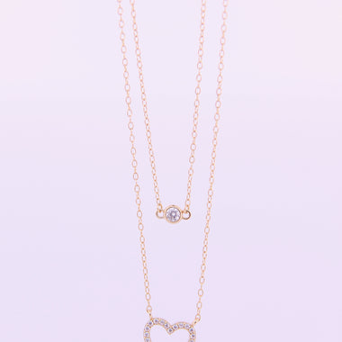 Yellow Gold Plated Sterling Silver Double Necklace with Heart and Solitaire Cubic Zirconia