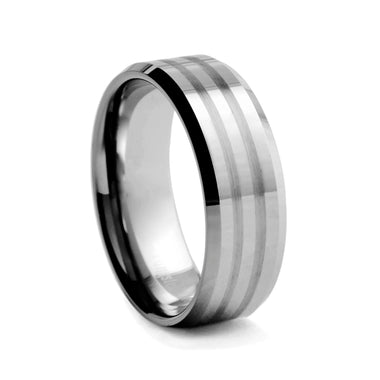 Flat Polished With Brushed Double Line Tungsten Ring