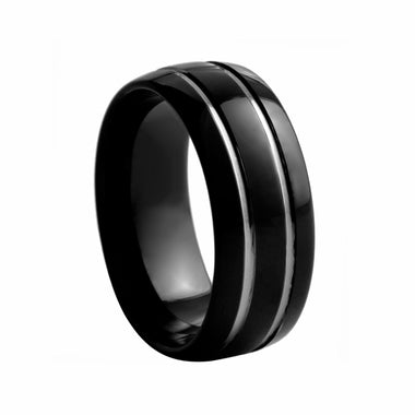 Black Rounded Polished With White Lines Tungsten Ring