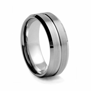 Flat Brushed With Polished Center Groove Tungsten Ring