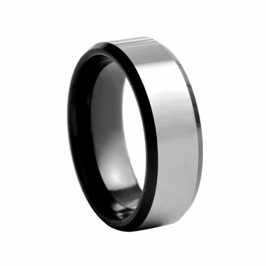 Two Tone Flat Polished Black and White Tungsten Ring