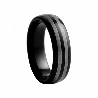 Black Rounded With Double Line Tungsten Ring