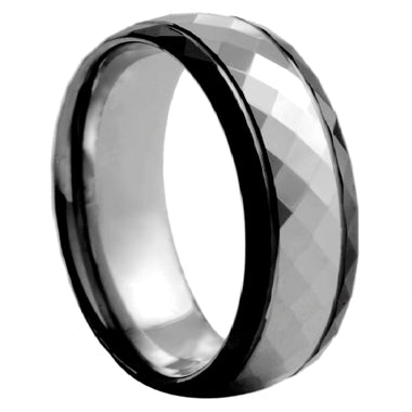 Two Tone Checkered Cut Black and White Tungsten Ring