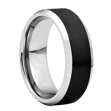 Two Tone Flat Brushed Center Black and White Tungsten Ring