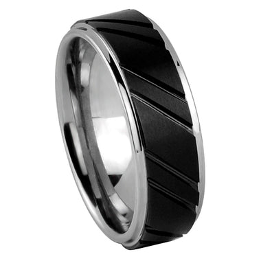 Two Tone Brushed Diagonal Cut Black and White Tungsten Ring