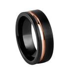 Black Flat Brushed Tungsten Ring with Off Center Rose Stripe