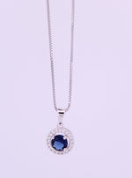 Oval Sterling Silver Blue Sapphire and Cubic Zirconia Halo Necklace